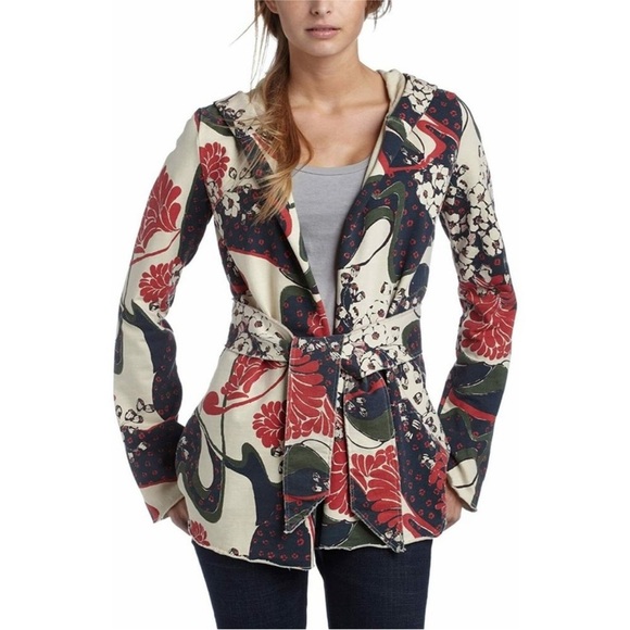Lucky Brand Japanese Floral Belted Jacket With Hood - Cotton Size Medium - Picture 1 of 9